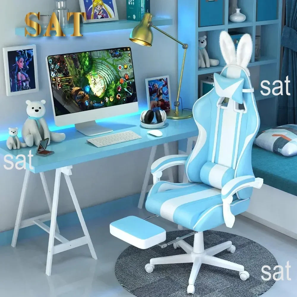 For Kawaii Light Blue Gaming Chair with Bunny Ears, Ergonomic Cute Gamer Chair with Footrest and Massage, Racing Reclining
