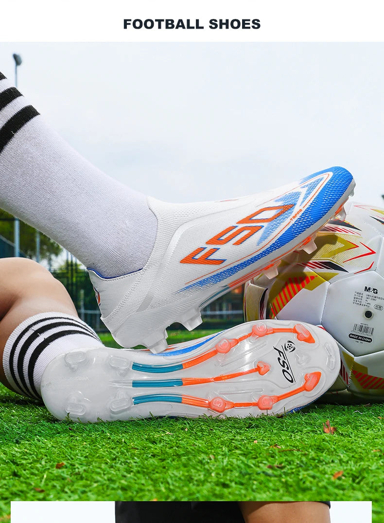 Novas chuteiras de futebol para homem, sapatilhas de futsal para exterior, jogo em relva, antiderrapantes, calçado de futebol de alta qualidade com pitões, best-seller, cano alto, leve