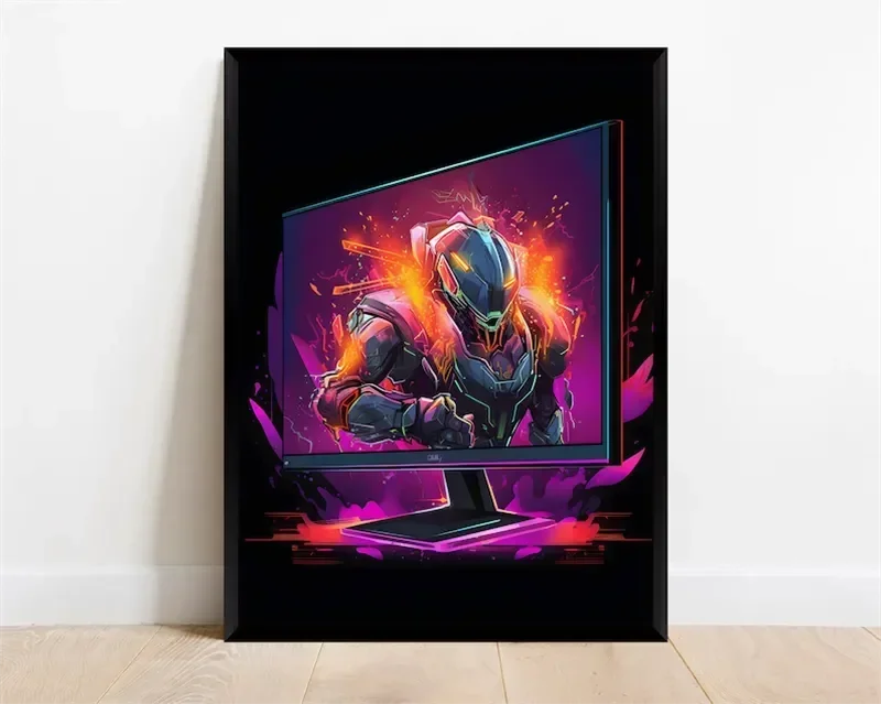 Póster Néon de Personagem de Videojogo com Gamepad, Auscultadores, Futebol e Basquetebol em Tela — Arte de Parede para Decoração de Quarto Gaming
