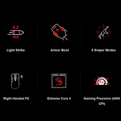 A4TECH Bloody A91 Gaming Mouse,4000 DPI,Drag Click,1000HZ,6666FPS,8 Buttons,Metal X' Glide Armor Boot,Over 20 million clicks