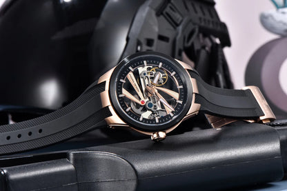 Montre pour homme PAGANI DESIGN – Modèle mécanique automatique de luxe, type « squelette » (à cœur ouvert), doté d’un tourbillon, verre saphir avec traitement antireflet, étanche et luminescent.