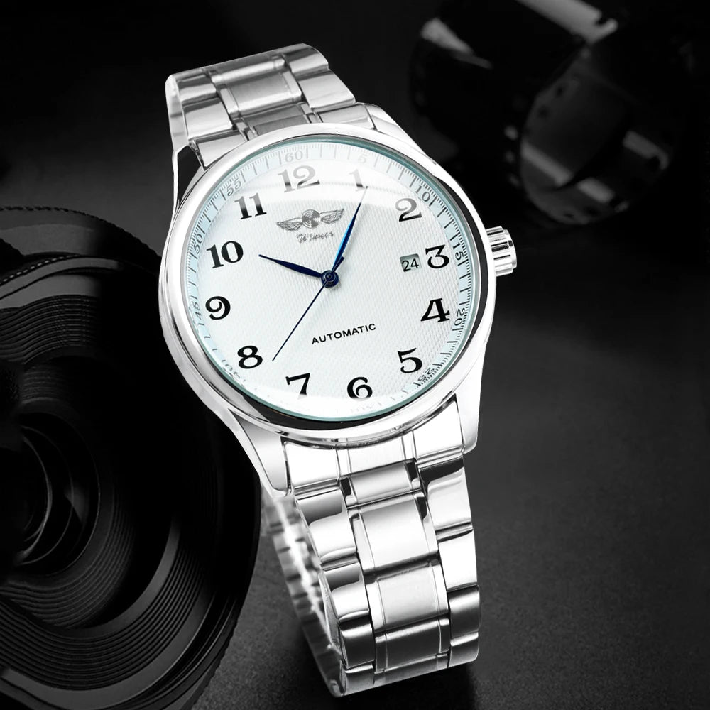 Montre classique pour homme – Style rétro avec calendrier et aiguilles bleues, mouvement mécanique automatique, marque de prestige, boîtier en acier et bracelet en cuir