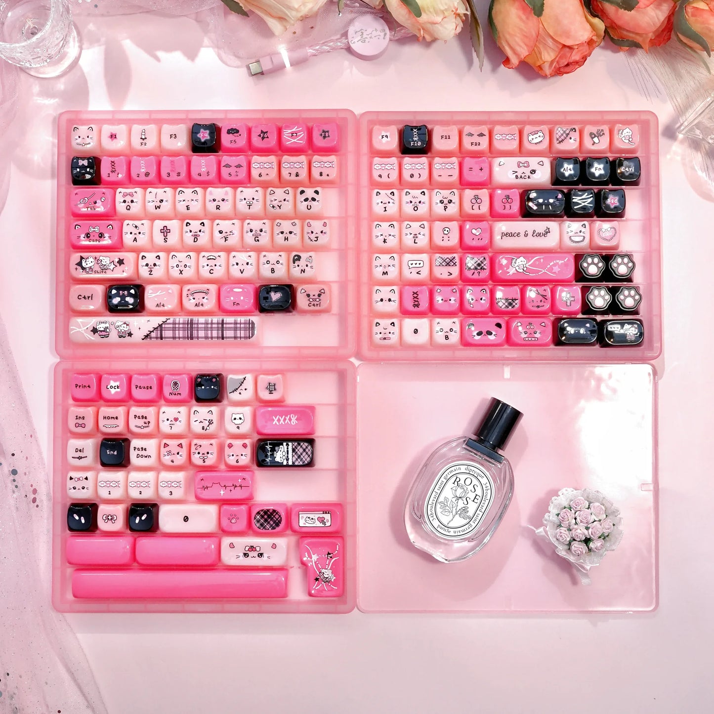 Pink Meow Keycaps Cute Cat Head MAO Cherry Profile PBT Key Cap For Gift Mechanical Keyboard KeyCap Keyboards Accessories