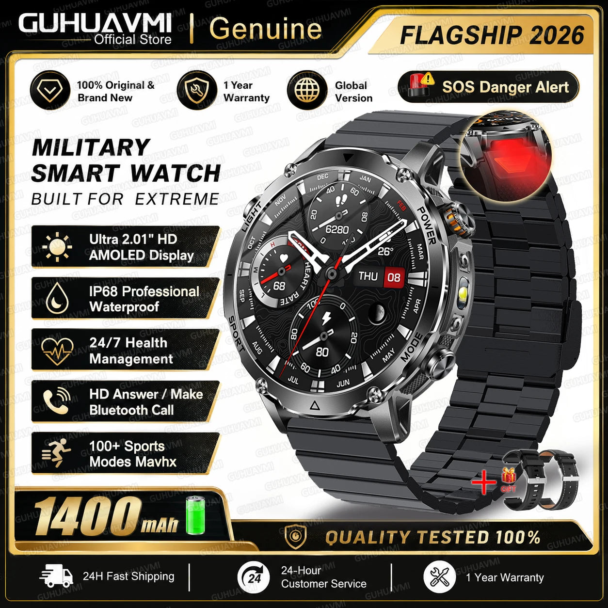 2026 TANK Ultra New 1400mAh Big Battery Smart Watch Men GPS path Sport Flashlight BT Call Waterproof Outdoor Military Smartwatch