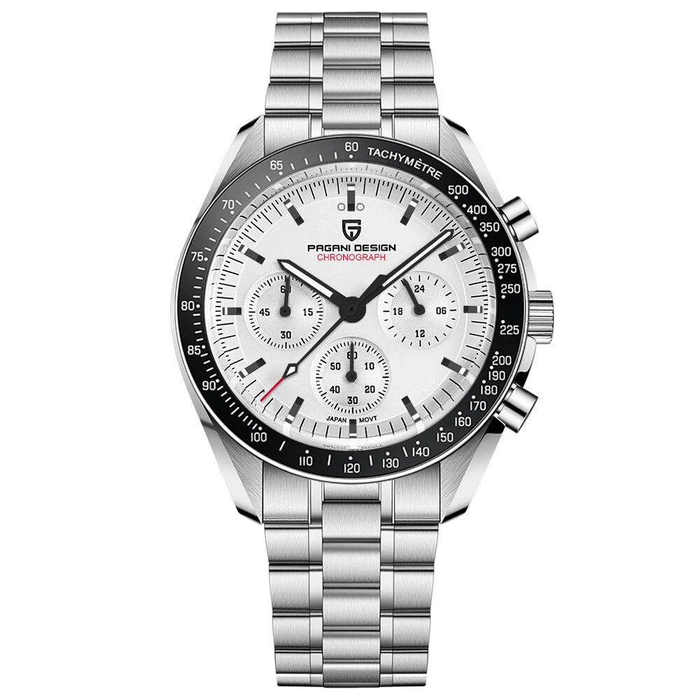 Montre pour homme PAGANI DESIGN « New Moon » – Montre à quartz de luxe, chronographe, verre saphir avec traitement antireflet, lunette en céramique, aiguilles luminescentes