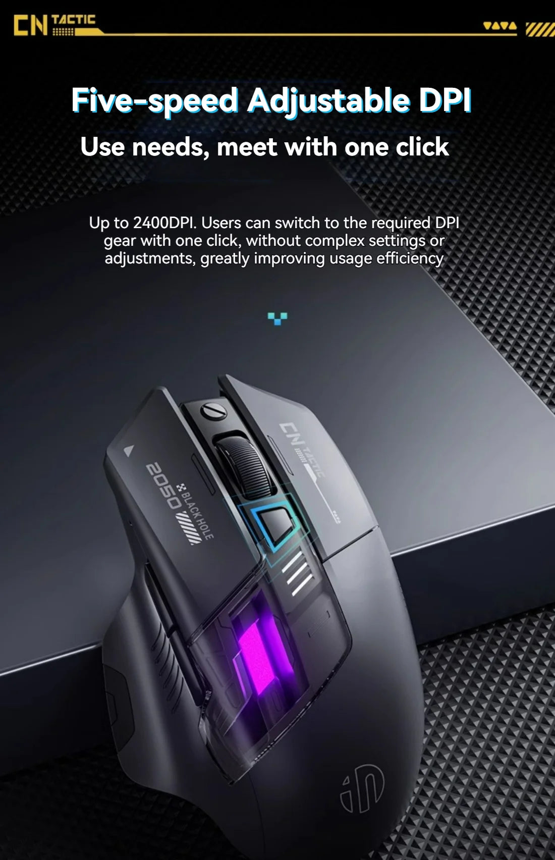 Mouse da gioco Inphic A9 Pro tri-mode, indicatore di alimentazione con guida luminosa colorata, DPI regolabili, macro driver, ergonomico, 12800DPI