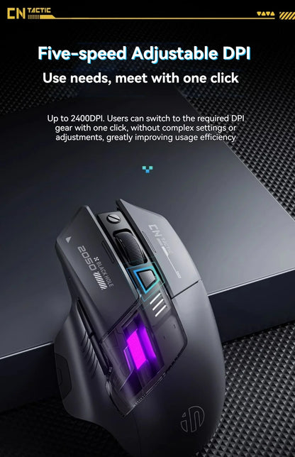 Mouse da gioco Inphic A9 Pro tri-mode, indicatore di alimentazione con guida luminosa colorata, DPI regolabili, macro driver, ergonomico, 12800DPI