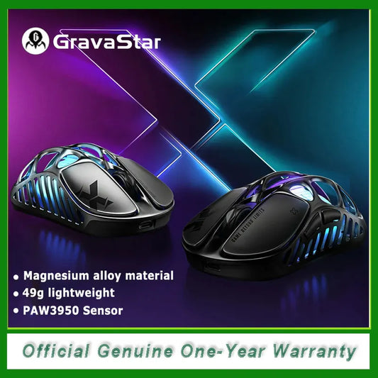 GravaStar Mercury X trådlös gamingmus – 32,000 DPI PAW 3950-sensor, 1000Hz polling rate, endast 49g, ihålig magnesiumlegering F