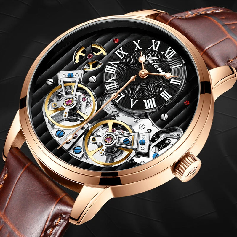 AILANG Top Brand Luxury Watch Men Automatic Luminous Black Clock Men Double Tourbillon Waterproof Mechanical Watch Relogio