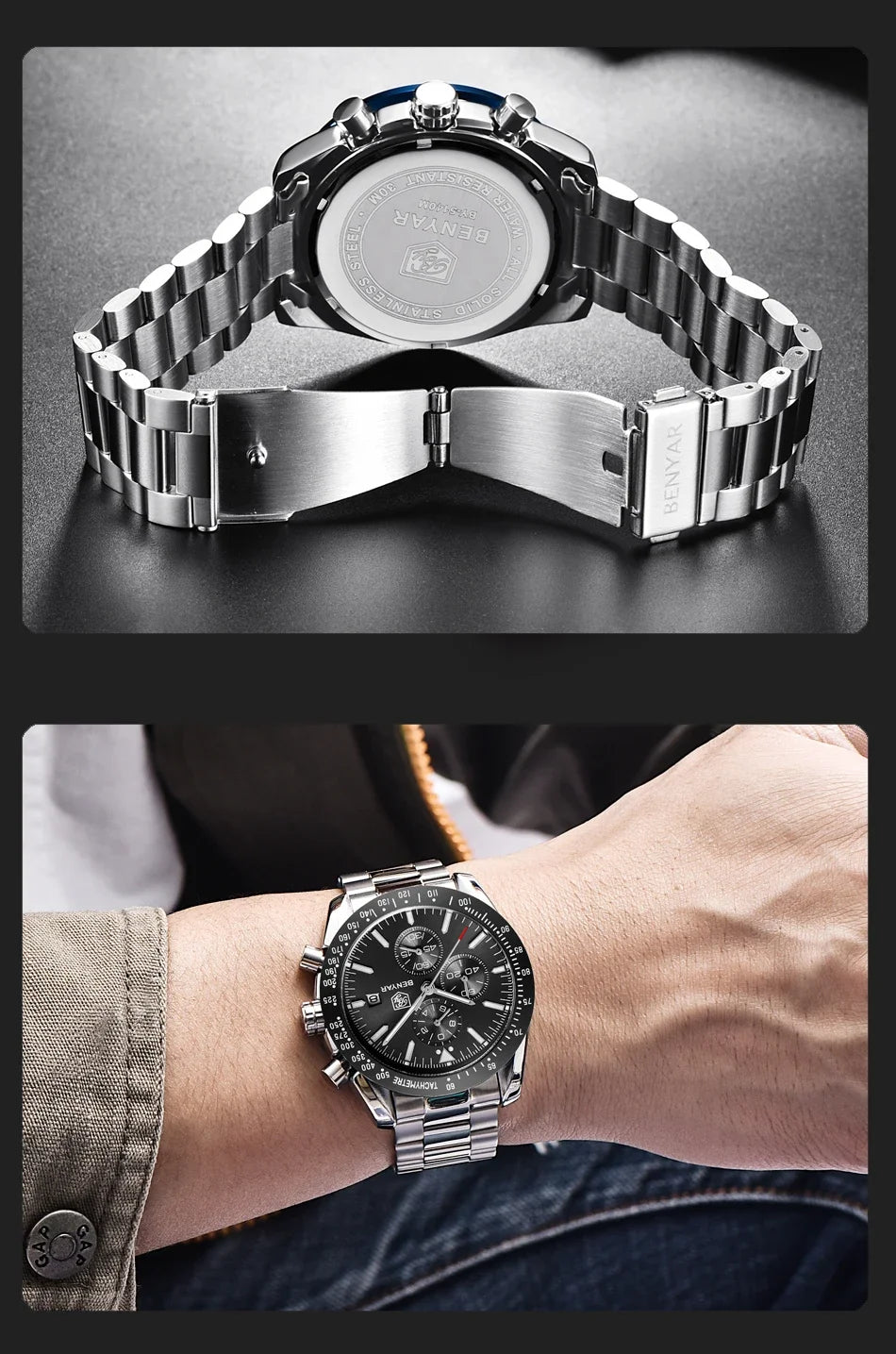 Montre homme BENYAR 5140, montre de sport décontractée, montre à quartz de luxe étanche, chronographe militaire de marque haut de gamme.