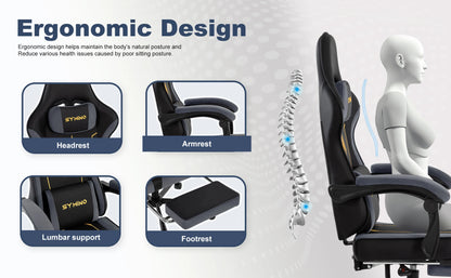 SYMINO Latex Cushion Ergonomic Gaming Chair – Racing Style, Adjustable with Footrest, 130kg Capacity