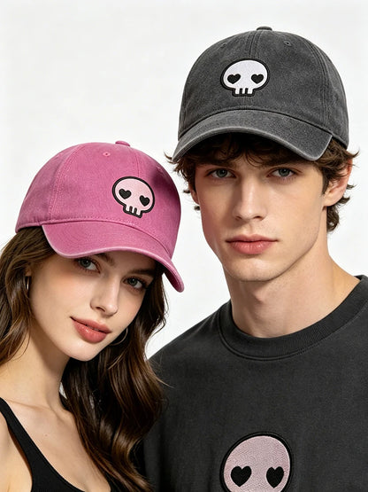 Retro-Baseballkappe im Washed-Distressed-Look mit Totenkopf-Stickerei, Dad-Hat für Damen und Herren, lässige, verstellbare Outdoor-Sonnenkappe 260617