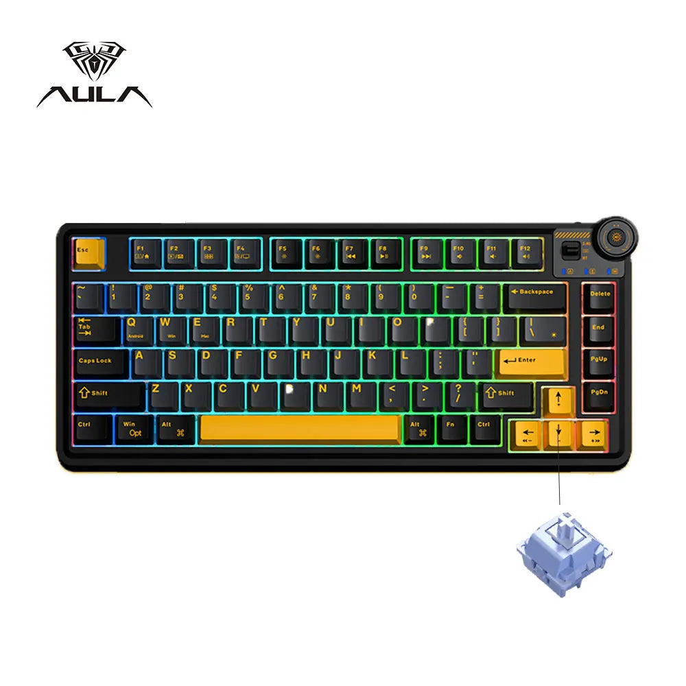 Teclado mecânico gaming esports AULA AU75, três modos, 81 teclas, teclas PBT, hot-swappable, RGB, teclado sem fios para PC desktop e escrita