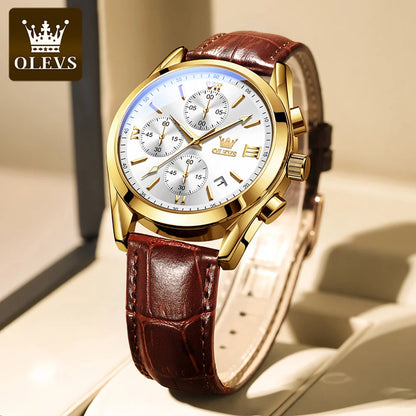 Relógio de pulso cronógrafo para homem OLEVS 2872 – Pulseira em pele, resistente à água, ponteiros luminescentes, movimento de quartzo, estilo desportivo de luxo
