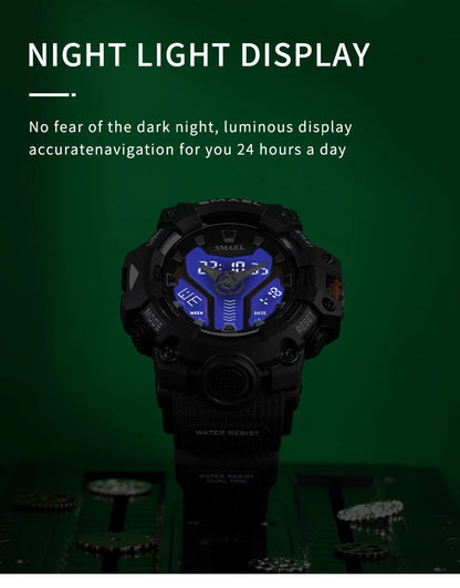 SMAEL 8075 Men's Analog Digital Dual Display Sport Watch - 50M Waterproof LED Backlight Dual Time Alarm Chronograph Stopwatch