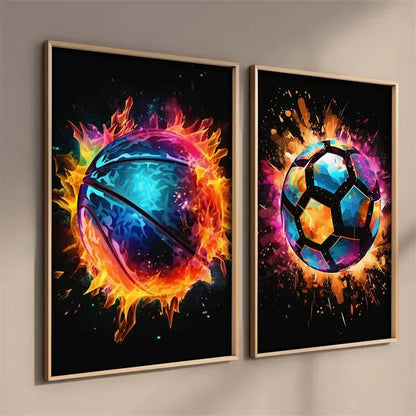 Póster Néon de Personagem de Videojogo com Gamepad, Auscultadores, Futebol e Basquetebol em Tela — Arte de Parede para Decoração de Quarto Gaming