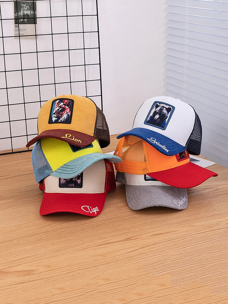 Gorra de malla unisex con parche con diseño de león, de ante, para mujer y hombre, gorra de béisbol de verano con motivos animales, gorra de camionero de moda