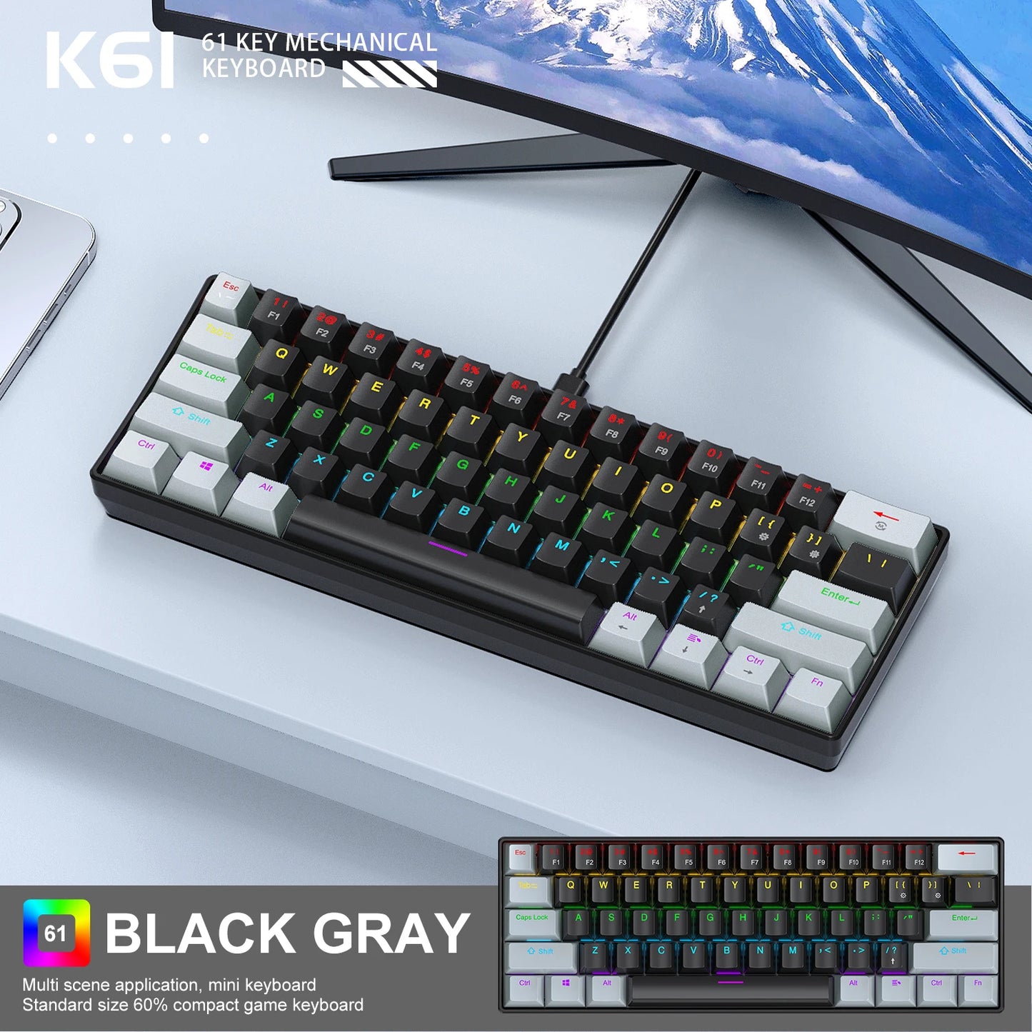 60% Portable Mini Keyboard APAYADO K61 Mechanical Keyboard Wired, 61 Keys RGB Black,White, Red/Blue Switch for Gaming