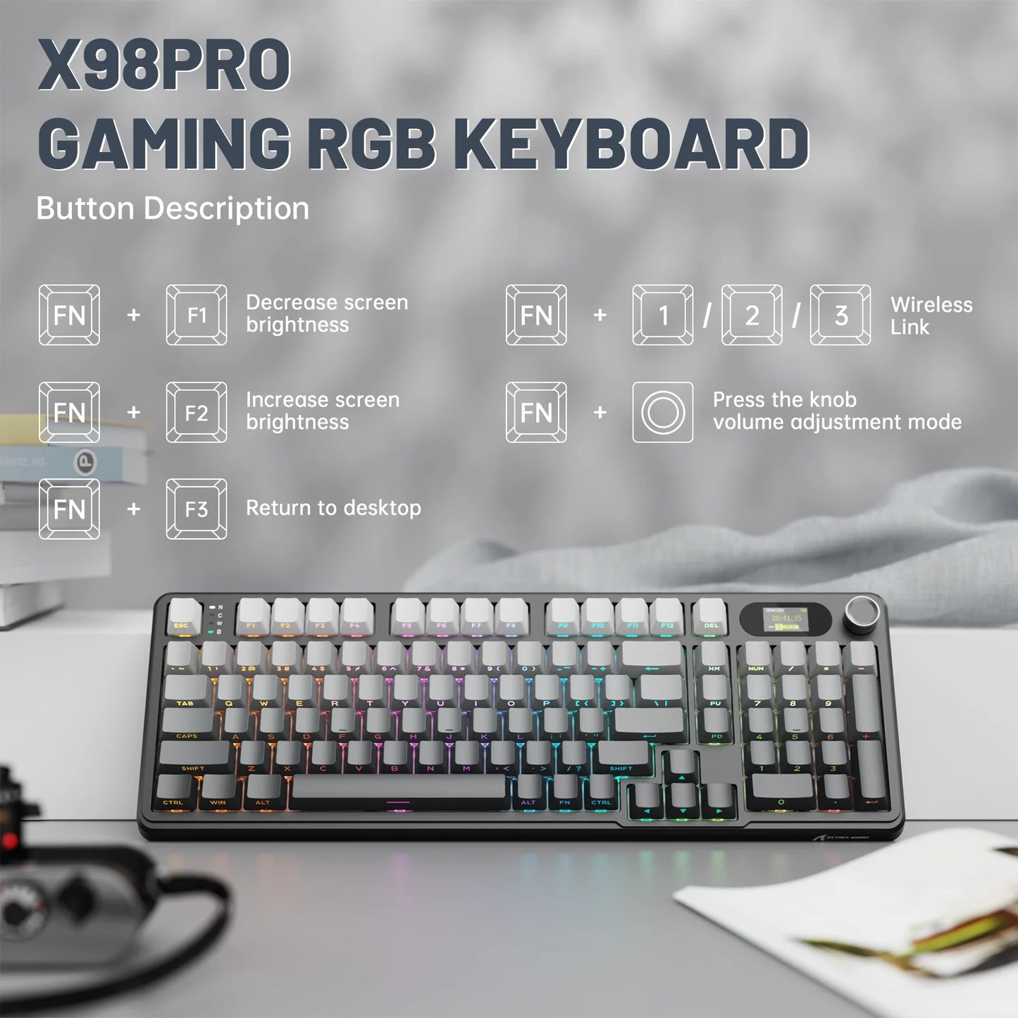ATTACK SHARK X98PRO Tri-mode Gasket Mechanical Keyboard with TFT Screen & Knob, 99Keys Layout, 5-Layer Foams, Hot-Swap, RGB