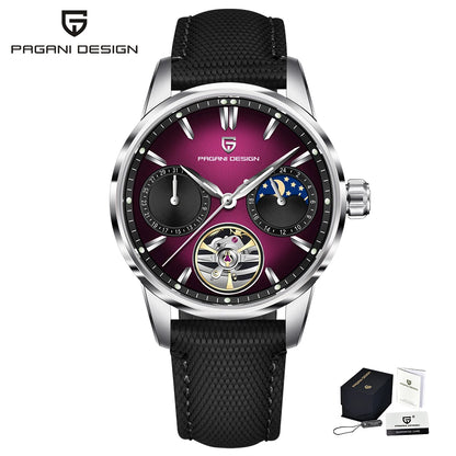 PAGANI DESIGN – Luxusné mechanické pánske hodinky, 41 mm, zafírové sklo, kožený remienok, vodotesné, v štýle pilotných hodín, s tourbillonom a fázou mesiaca