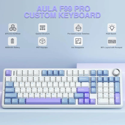 AULA F99 PRO Wireless Gaming Mechanical Keyboard 99 Keys Hot Swappable Gasket Structure 96% 8000mAh Battery Keyboard with Knob