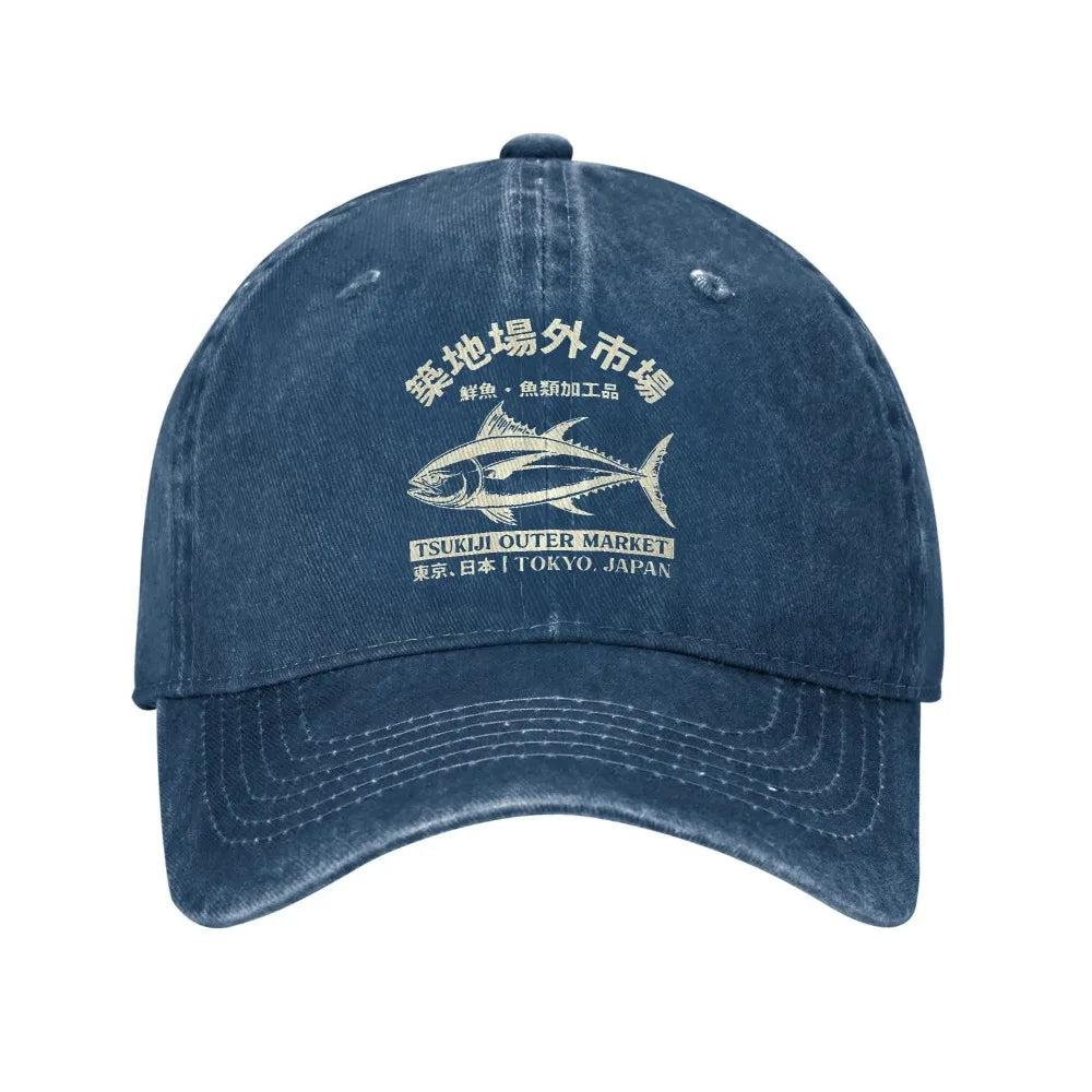 Casquette de baseball « Japanense Tsukiji Fish Market Washed Tokyo Japan » - Casquette trucker délavée au soleil - Casquette snapback pour femme et homme