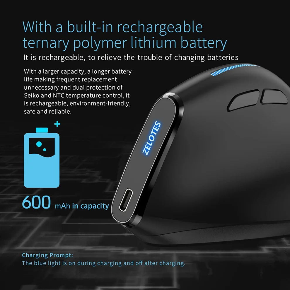JOMAA 2.4G Wireless Vertical Mouse Rechargeable Ergonomic Mouse with 3 Adjustable DPI, USB Optical Wireless Mouse for Laptop, PC & Office