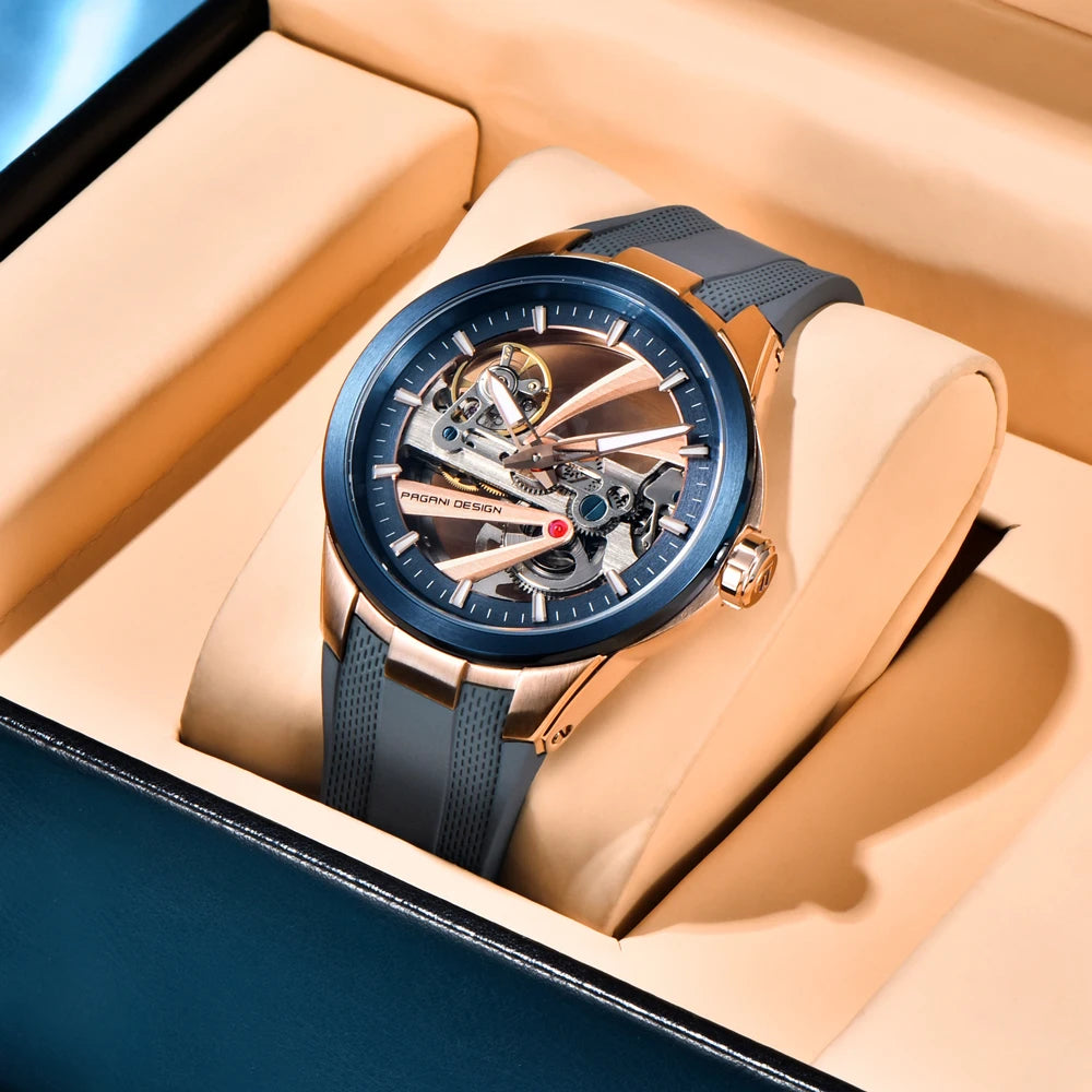 Montre pour homme PAGANI DESIGN – Modèle mécanique automatique de luxe, type « squelette » (à cœur ouvert), doté d’un tourbillon, verre saphir avec traitement antireflet, étanche et luminescent.