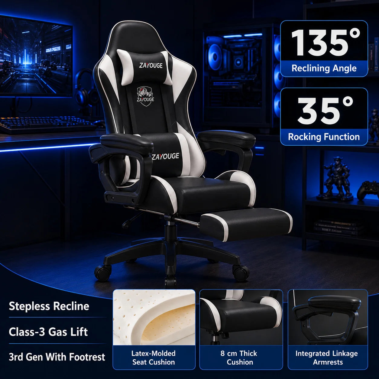 AOLIVIYA Gaming-Bürostuhl mit Liegefunktion, drehbar, höhenverstellbar, mit Rückenlehne und Fußstütze, für Zuhause, Computer, Internetcafé und E-Sports
