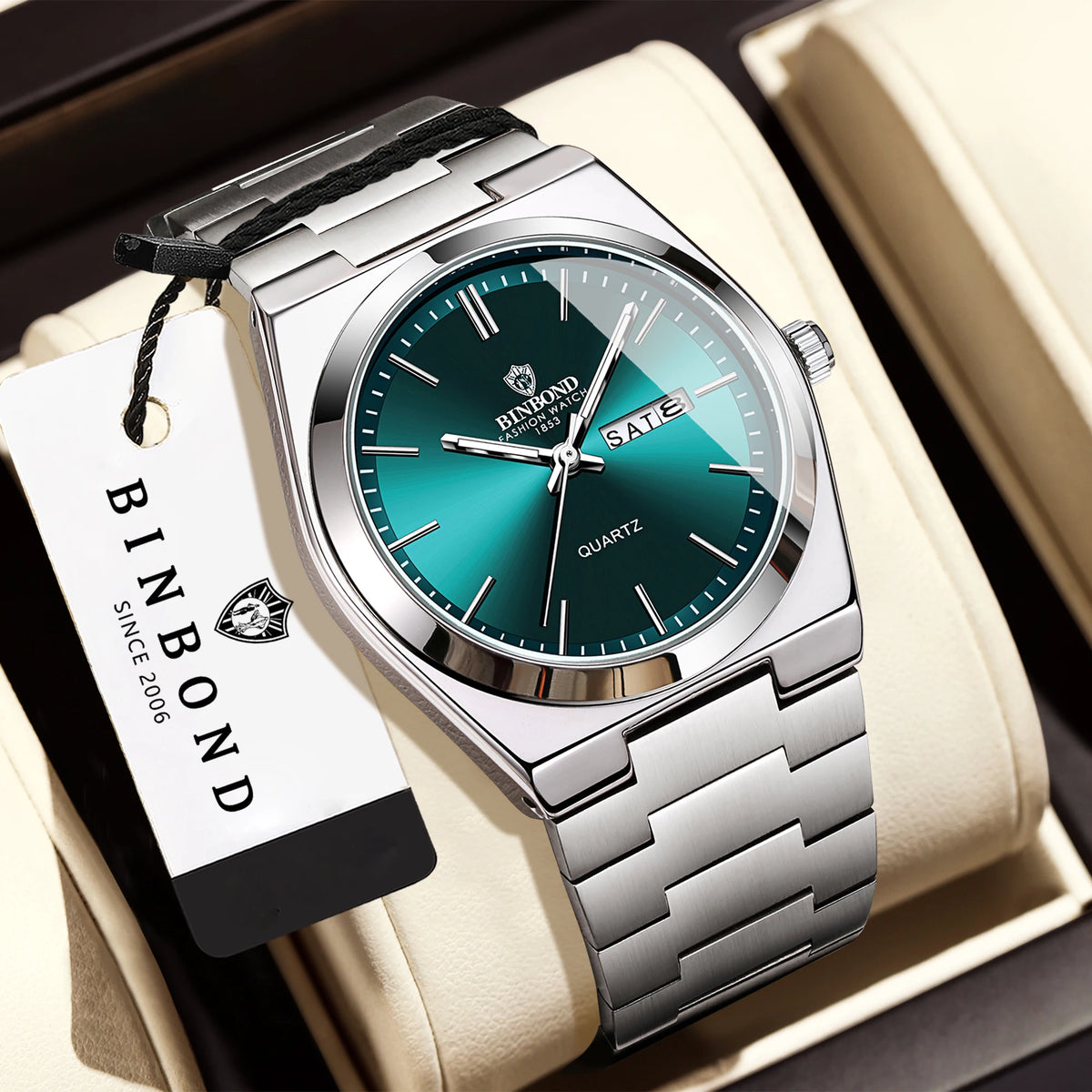 BINBOND luxury quartz wristwatch, luminous, water-resistant, day of the week, automatic date, steel bracelet, business, sport, fashion and casual styles.