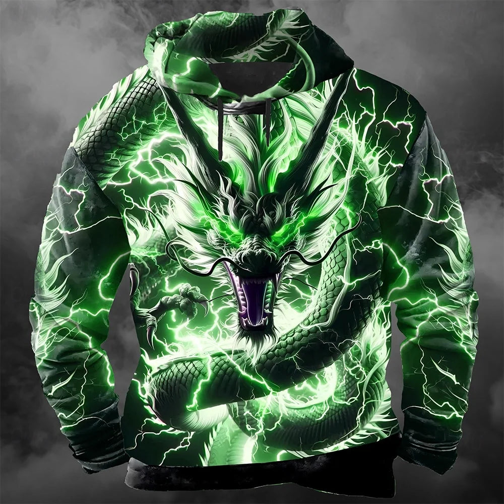 Huvtröja för herr med 3D-tryck av blixtdrake, moderiktig och cool sweatshirt för vardagsbruk, långärmad streetwear-pullover för höst och vinter, träningsoverallsjacka