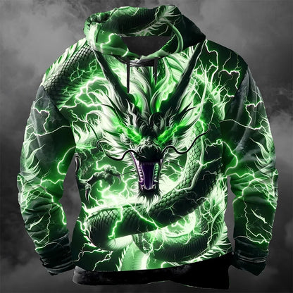 Huvtröja för herr med 3D-tryck av blixtdrake, moderiktig och cool sweatshirt för vardagsbruk, långärmad streetwear-pullover för höst och vinter, träningsoverallsjacka