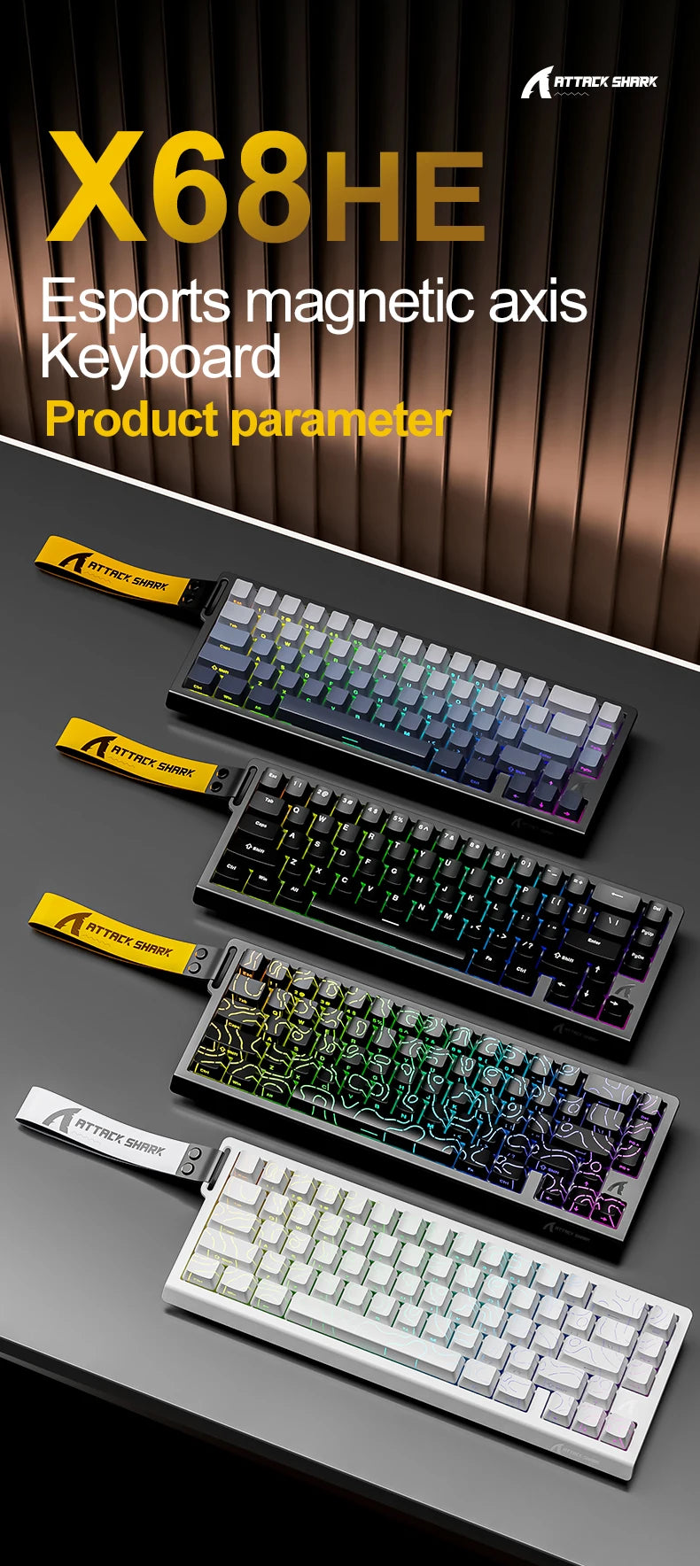ATTACK SHARK X68HE X68Pro He Magnetische mechanische Tastatur für Pro-Gaming 0.01mm Rapid Trigger 8000Hz SOCD/Rs 0.125ms 128K Rate