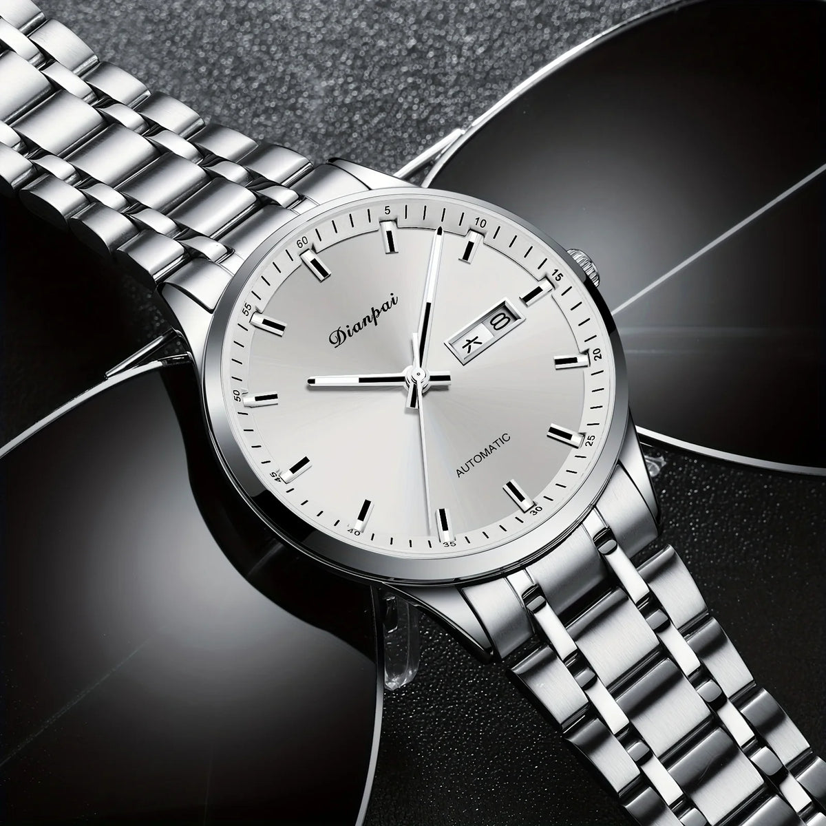 Montre mécanique automatique pour homme Dianpai – Modèle de luxe, affichage luminescent, design classique et épuré, en acier inoxydable, étanche, avec calendrier et indication du jour de la semaine