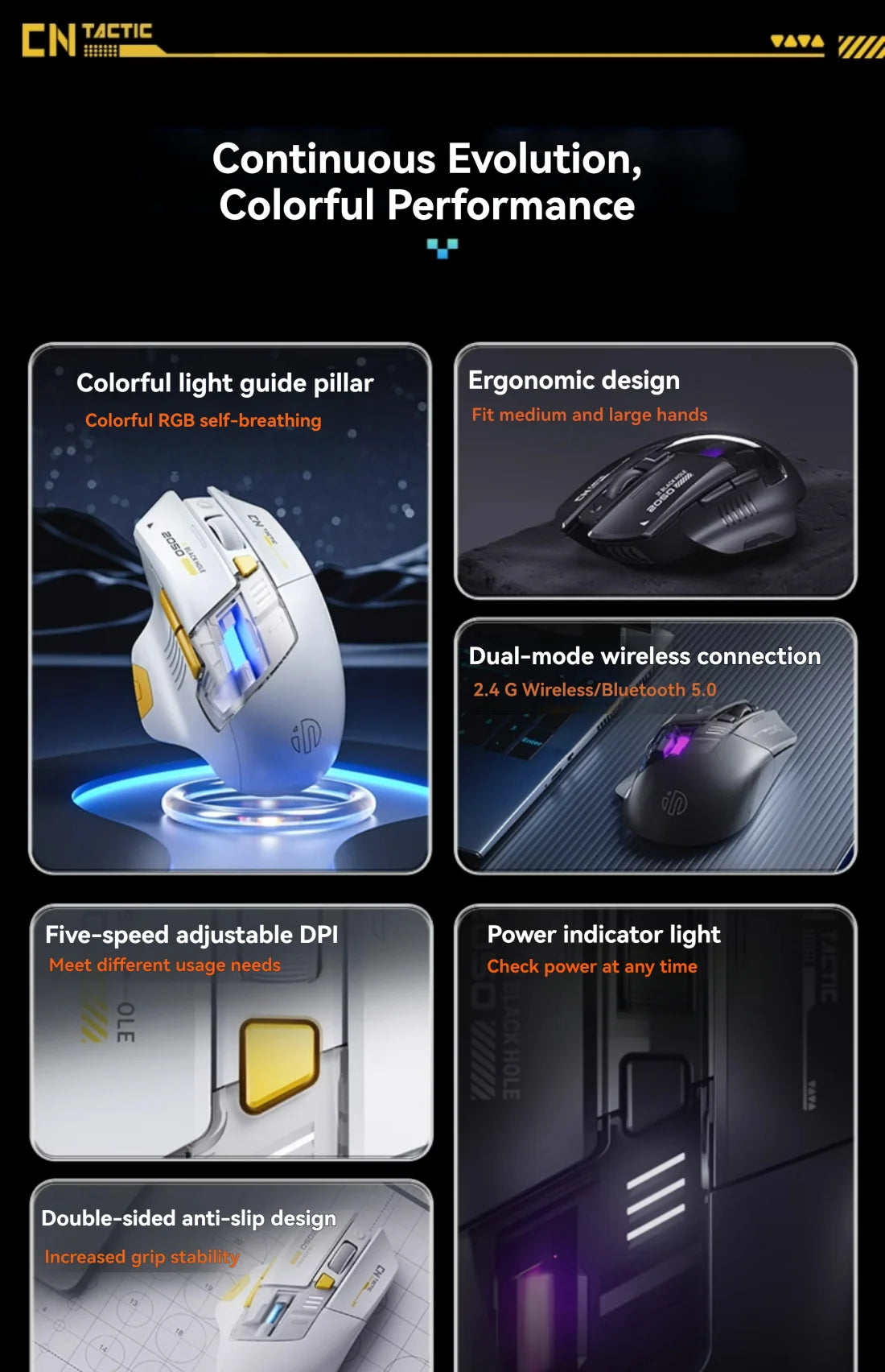 Mouse da gioco Inphic A9 Pro tri-mode, indicatore di alimentazione con guida luminosa colorata, DPI regolabili, macro driver, ergonomico, 12800DPI