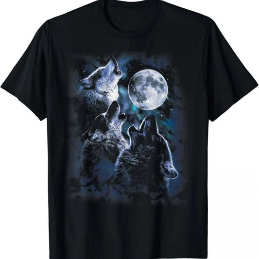 Men's Bohemian Wolf Howling At Moon T-Shirt Black Crew Neck Tee with Wolf Moon Design Fit Suitable for Casual Outdoor