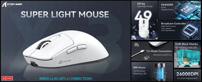 Mouse gaming wireless leggero ATTACK SHARK X3, 49g, tri-mode, sensore PAW3395 da 26K DPI, autonomia di 200h, 5 pulsanti programmabili