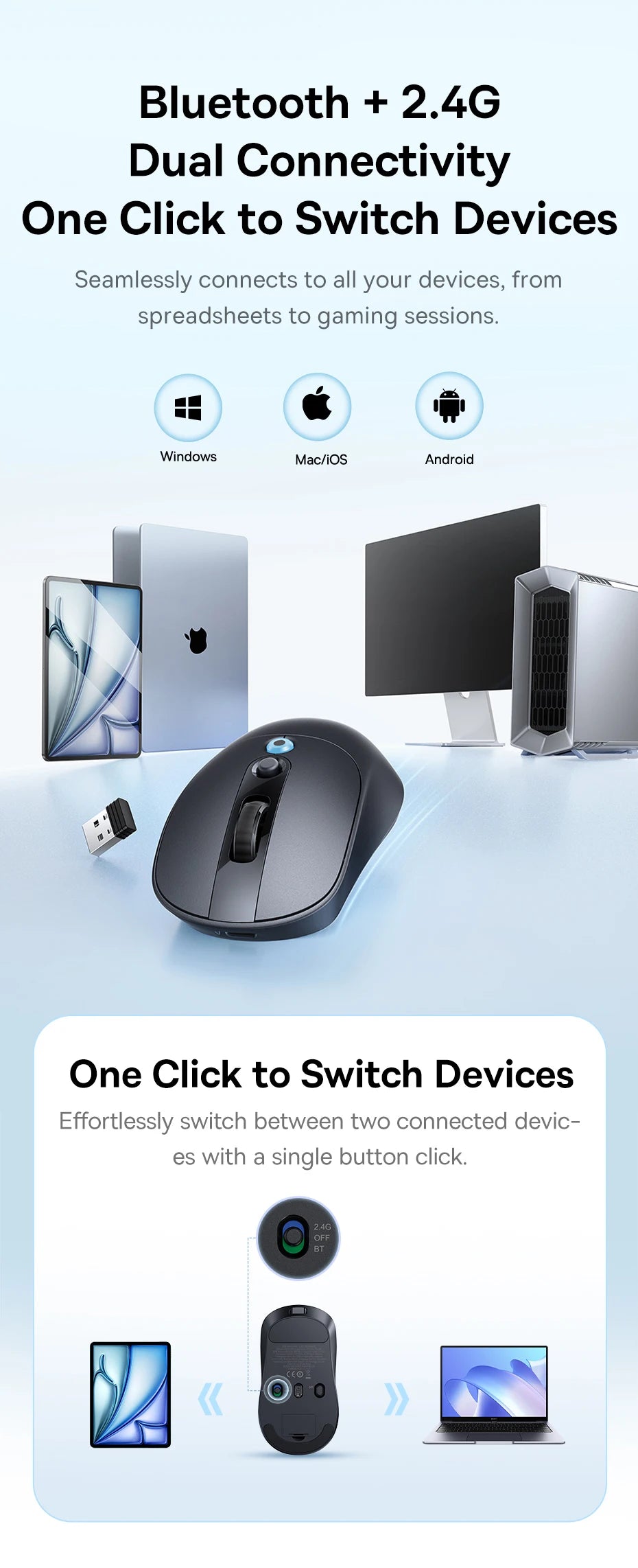 Baseus EM2 Ergonomic Wireless Mouse Bluetooth 5.3 Rechargeable Silent Mouse, Ultra-Light Bluetooth & 2.4G Wireless Mouse with Customizable Buttons, 4000 DPI Type-C Charging