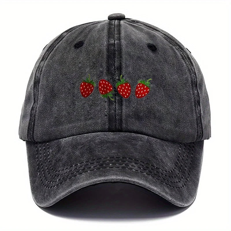 Casquette de baseball imprimée « fraises » avec visière réglable, casquette « duckbill » tendance pour hommes et femmes, design à visière souple