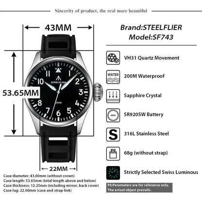 STEELFLIER Official SF743 Quartz Pilot Big Onion Crown Swiss Luminous VH31 20Bar Waterproof Sapphire Crystal Luxury Dive Watch