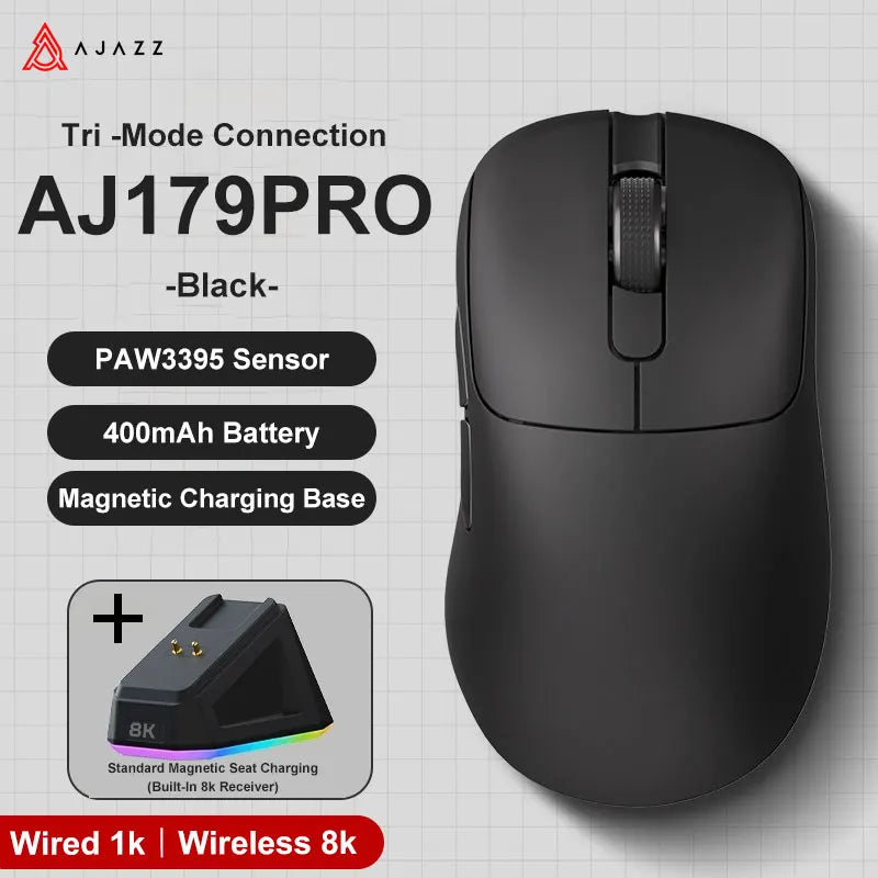 AJAZZ AJ179 PRO Wireless Gaming Mouse PAW3395, 26000 DPI Lightweight RGB Gaming Mouse with Charging Dock, Tri-Mode Ergonomic Mouse for PC & Laptop