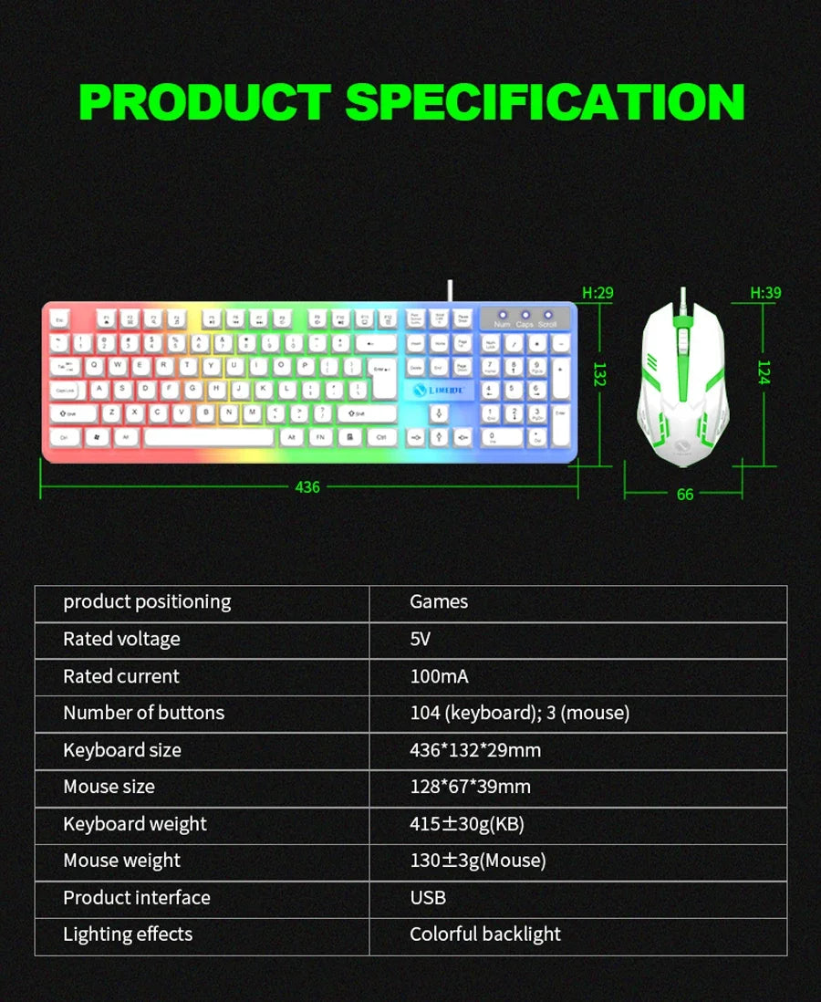 Conjunto gaming NG GTX350 com teclado e rato para computador portátil, retroiluminação LED, teclado USB com fio GTX350, preto