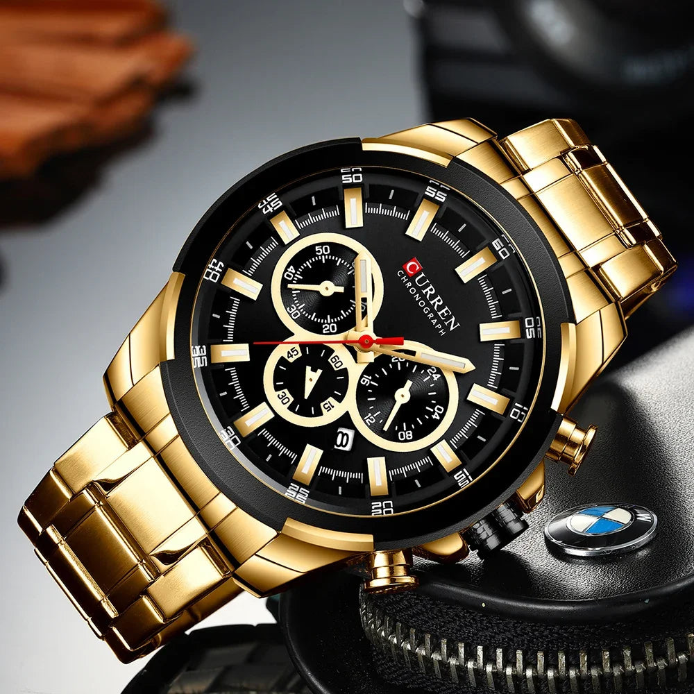 Montre chronographe pour homme CURREN, grand cadran de 48 mm, bracelet en acier inoxydable, trois sous-cadrans, montre-bracelet de sport à quartz, style luxueux