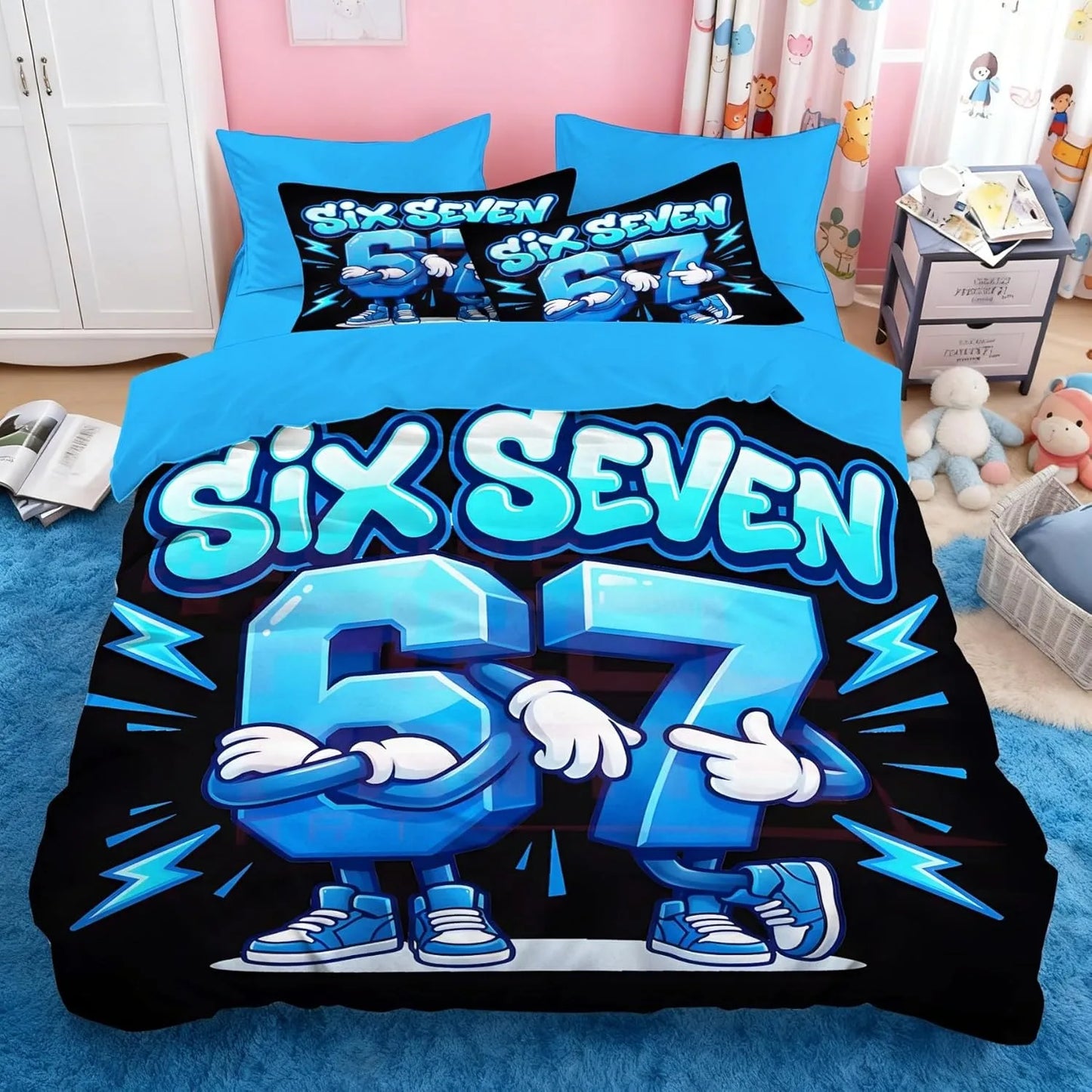 Set de lenjerie de pat Cartoon Print Six Seven 67, 2/3 piese, husă de pilotă și față de pernă pentru acasă, adolescenți și adulți, cadou pentru băieți și fete