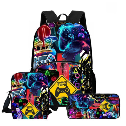 Conjunto de Mochila Fortnite Cartoon de 3 Peças Unissexo para Rapazes e Raparigas, Mochila com Bolso Frontal, Mala a Tiracolo e Estojo, Presente Ideal