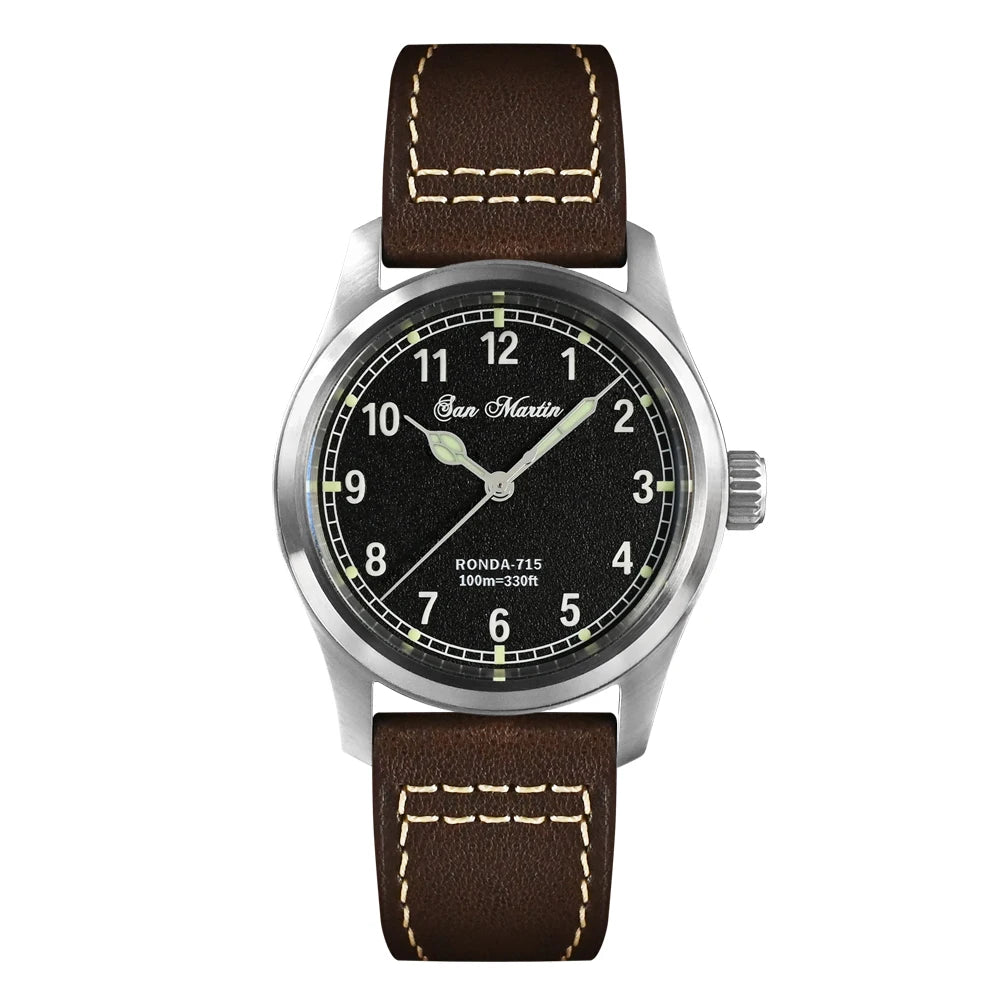 San Martin 37mm Ronda 715 Quartz Watch Men Simple Fashion 10Bar Waterproof Pilot Wristwatch BGW-9 Blue C3 Green Luminous SN0034A