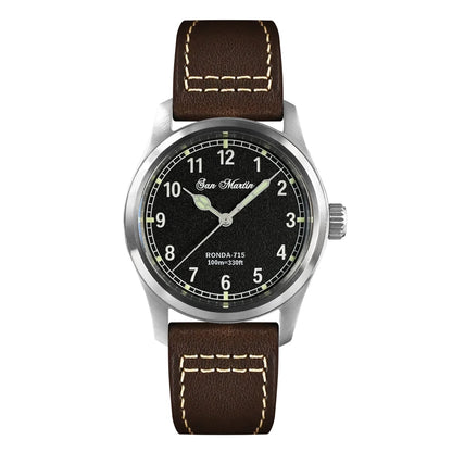San Martin 37mm Ronda 715 Quartz Watch Men Simple Fashion 10Bar Waterproof Pilot Wristwatch BGW-9 Blue C3 Green Luminous SN0034A