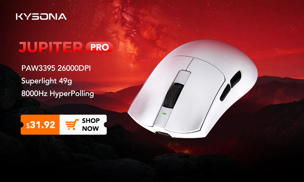 Mysz gamingowa KYSONA Jupiter Series – przewodowa i bezprzewodowa, 8Khz, sensor PAW3950, Bluetooth, 46g, akumulatorowa, sterownik webowy do PC i laptopa