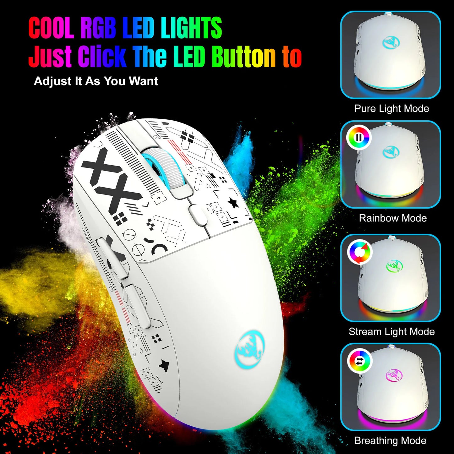 Ratón gaming Bluetooth recargable de 3 modos 2.4G USB inalámbrico con retroiluminación RGB para iPad, tablet, portátil y ordenador