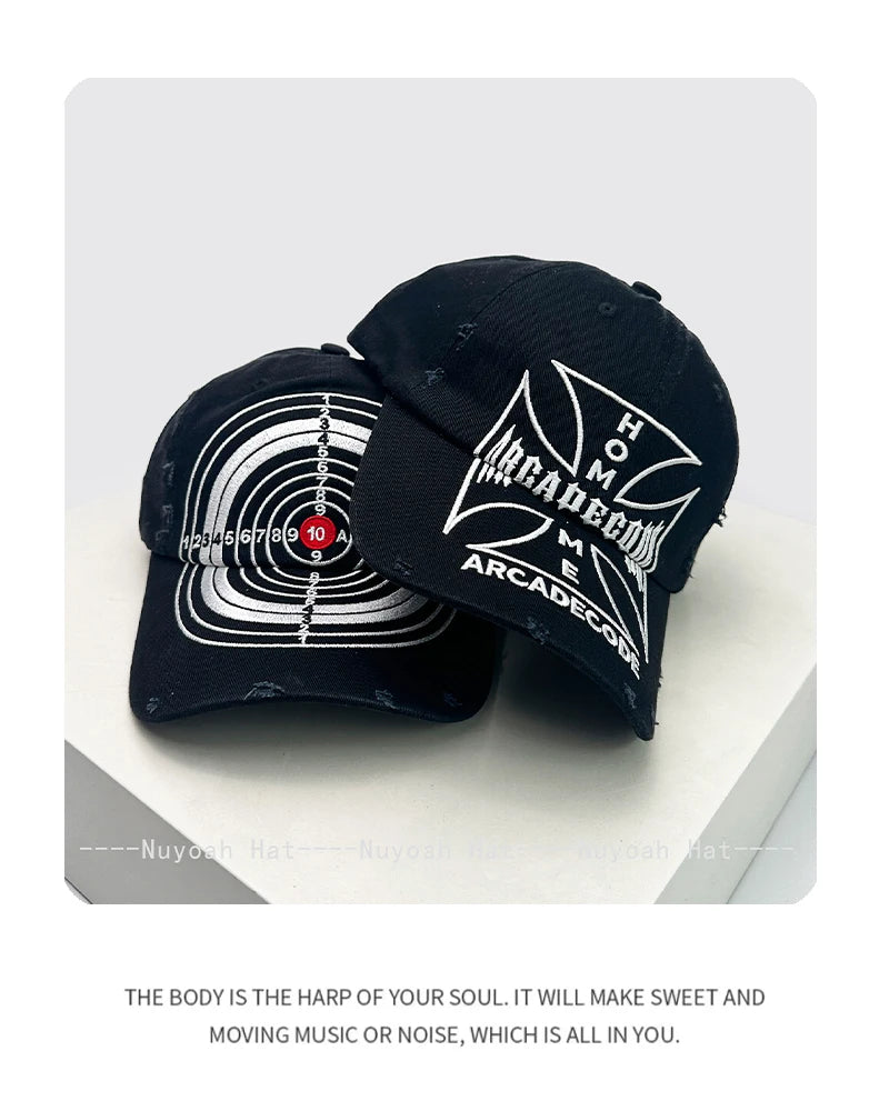 Unisex-baseballkasketter i brudt stil med broderet bull's-eye-kors, solskærm, personlige og alsidige kasketter med skygge, street fashion, hiphop